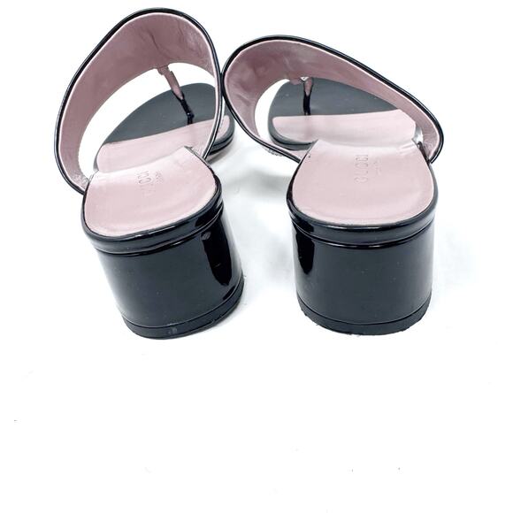 GUCCI Lilane Horsebit Thong Sandals Black Patent Low Block Heel Size EU 37 US 7 - Picture 5 of 7